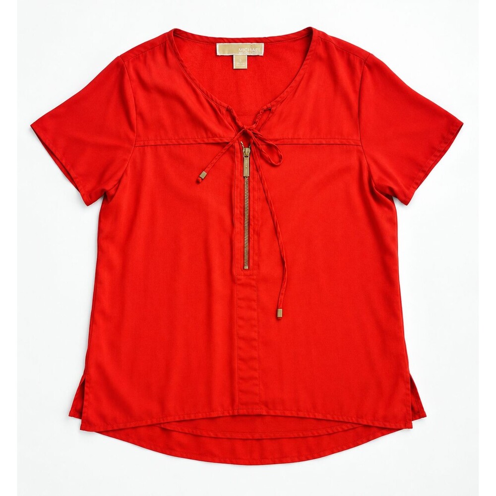 Michael Michael Kors Women Blouse Top Red Zip Front Short Sleeve Size 6